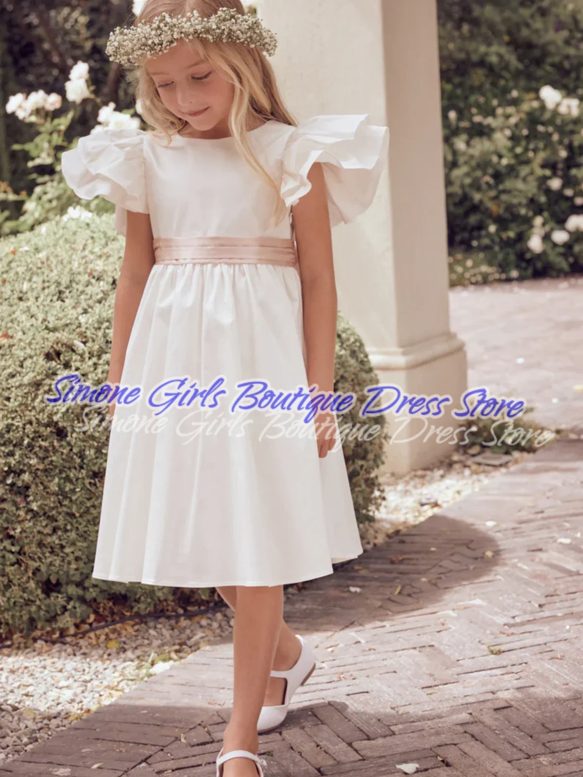 Satin Open Back Bow Lotus Leaf Sleeves Flower Girl Dresses for  Parties Wedding Ceremonies Dance Performances Formal Receptions