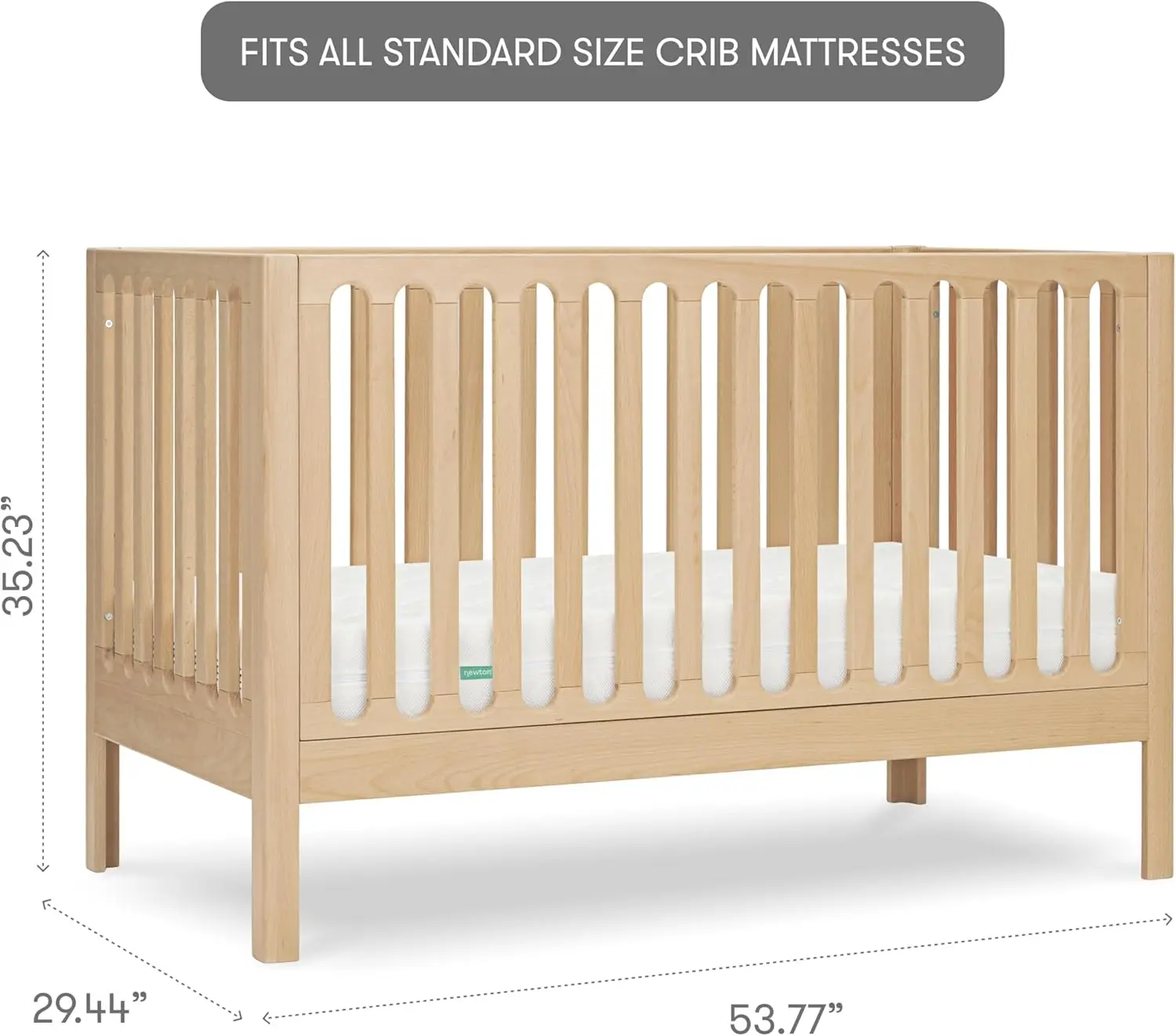 سرير نيوتن بيبي غاليليو القياسي، خشب زان صلب بلون طبيعي، سرير قابل للتحويل 3 في 1 مع مجموعة تحويل سرير الأطفال الصغار