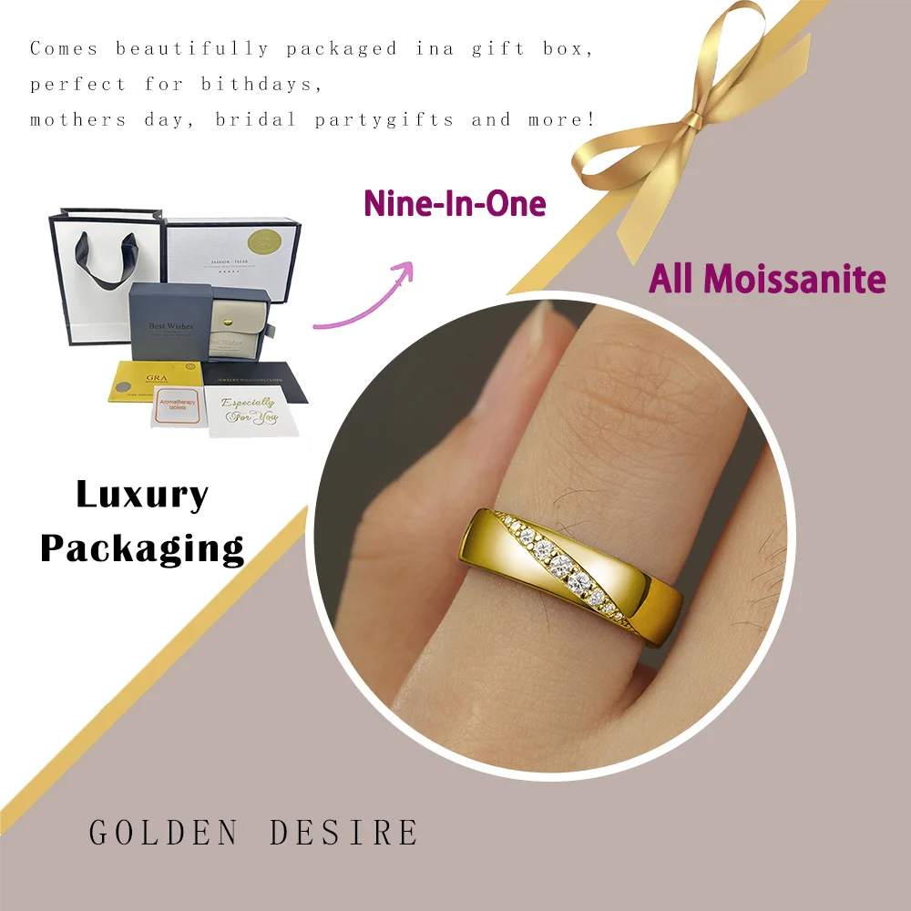 Moissanite Ring 925 Sterling Silver 18K Gold Plated Wide Band Channel Setting Rings Woman Men Wedding Engagement Gift