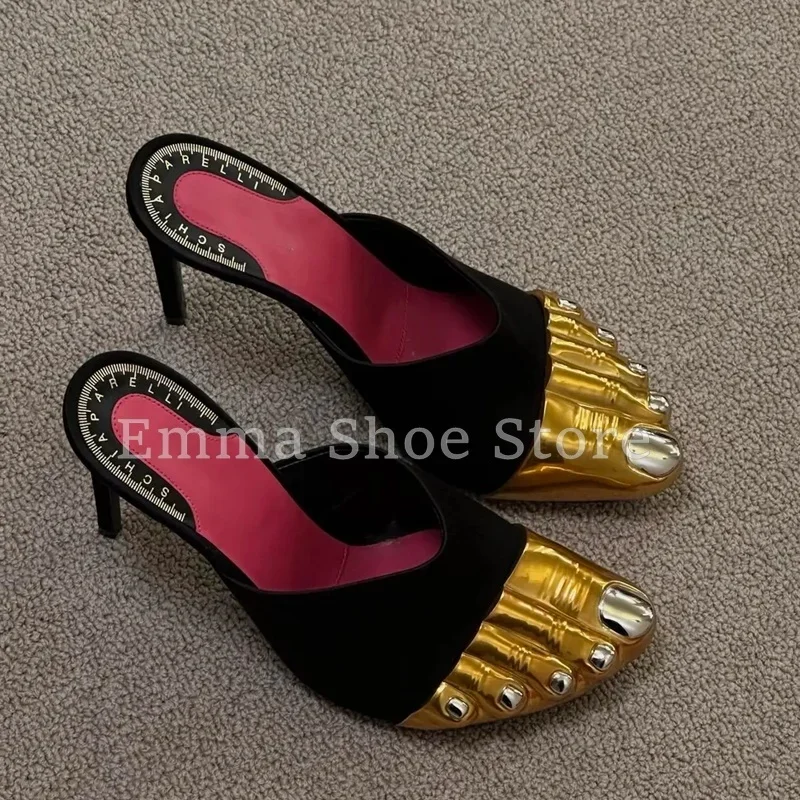 

Gold Toe Five Finger High Heels 2025 Women Fashion Stiletto Metal Slippers Dress Shoes Sheep Suede Elegant Sandals Summer