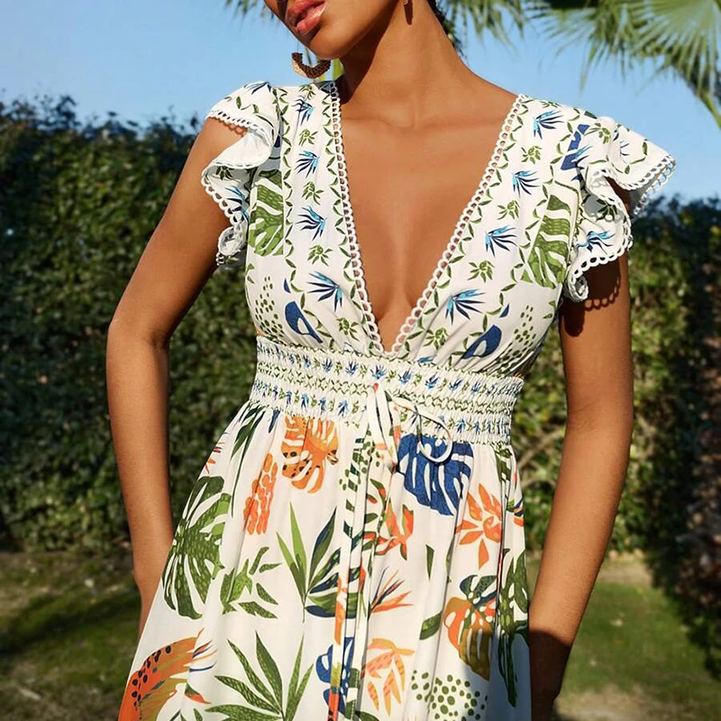 Abito estivo da donna Elegante stampa floreale Orlo ampio Abito lungo Primavera Scollo a V Manica a farfalla Abito da vacanza bohémien Vestido Mujer