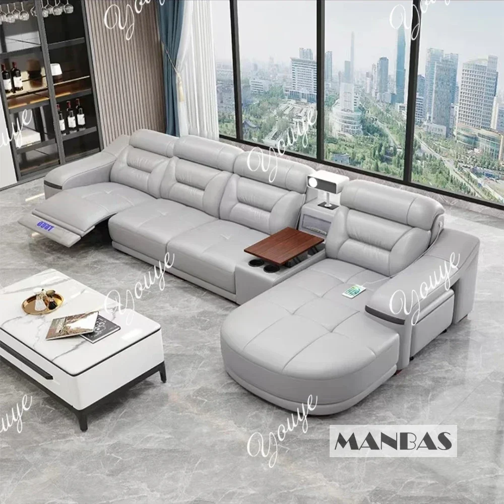 A-XM MANBAS Genuine Leather Living Room Sofas Sets Power Reclining Couch Electric Recliners With Projector, USB, Speaker & Cup H