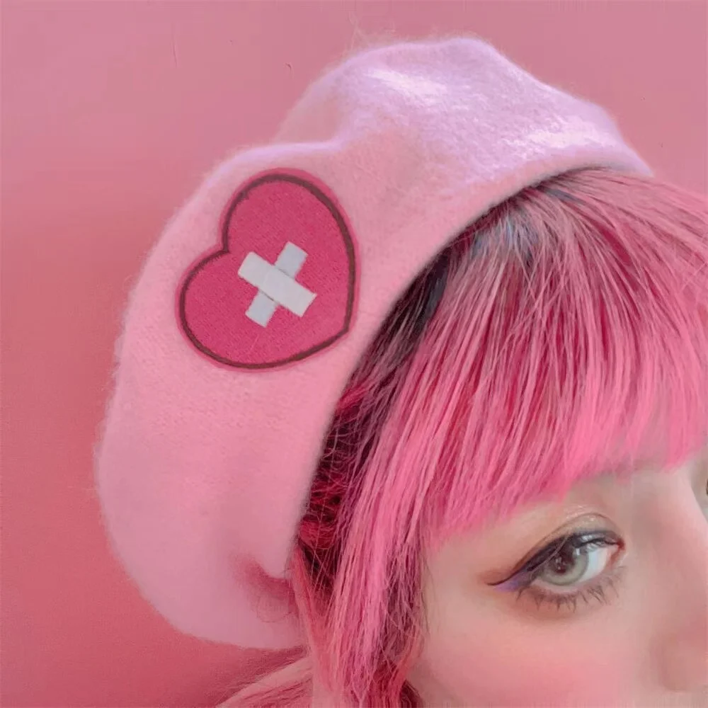 Pink Girl Beret Japanese Cute Harajuku Y2K Hot Girl Sweet Heart Love Cross Wool Embroidery Kawaii Women Hat Lolita Accessories