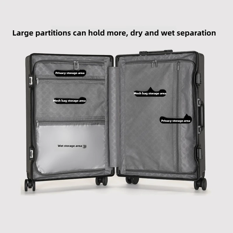 Maleta de aluminio con apertura frontal, carga USB y portavasos plegable, silenciosa 360 °   Ruedas y cerradura TSA