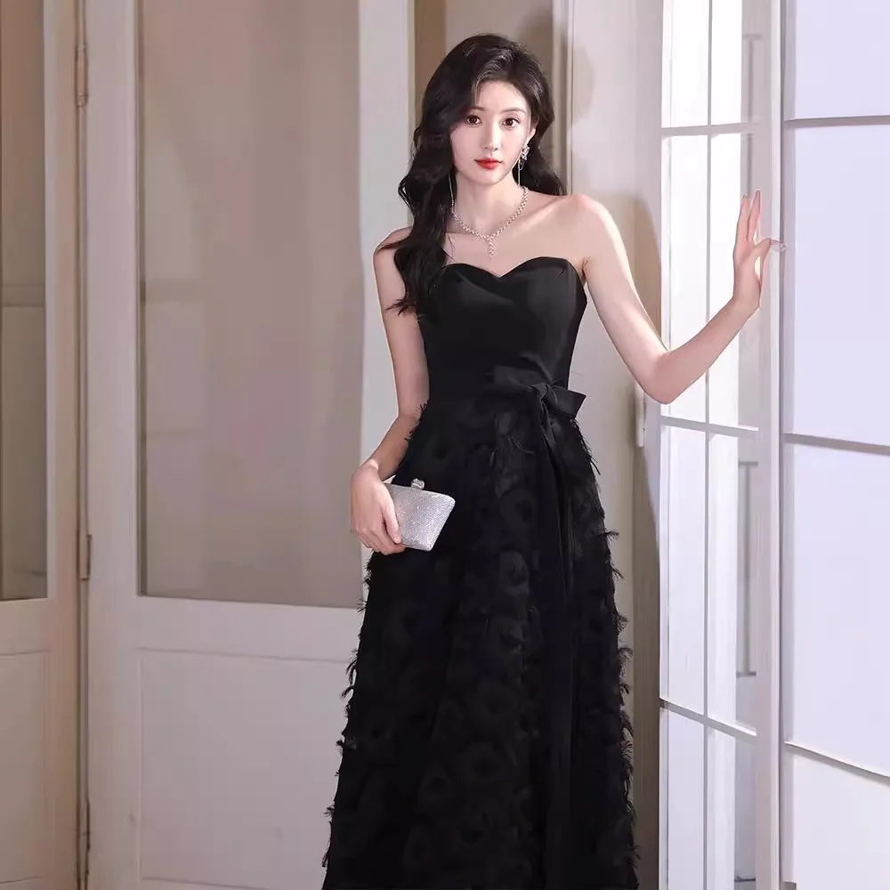 Black Tube Top Evening Dress for Women Banquet Temperament Host Long Graduation Art Examination 18-Year-Old Autumn Clothing