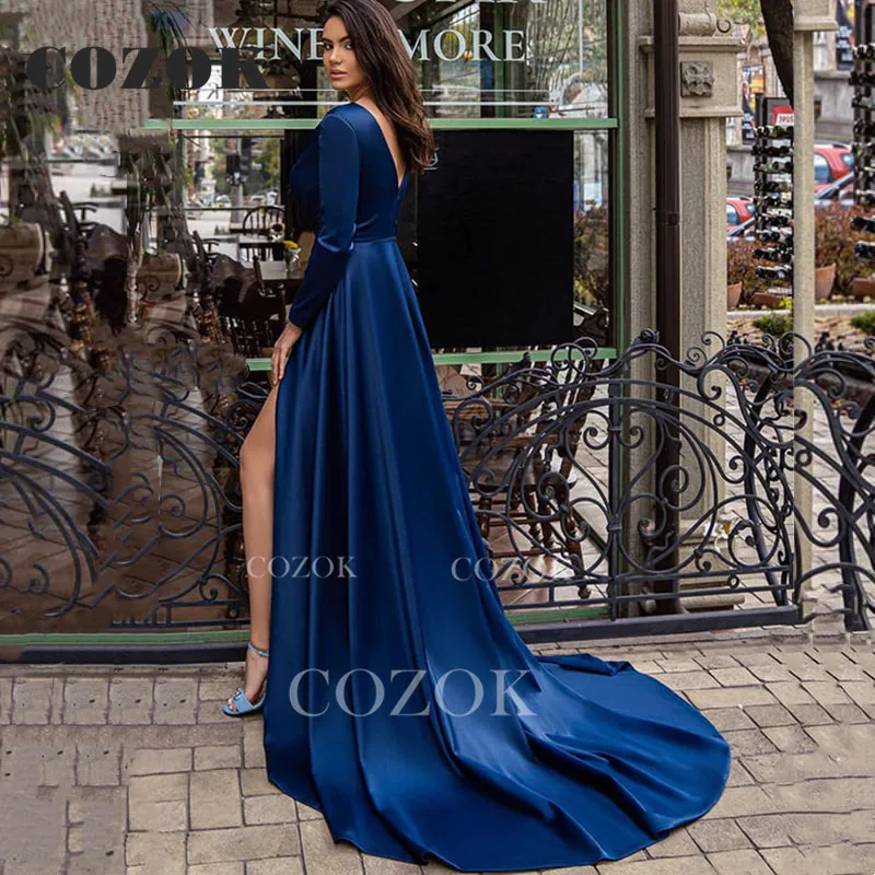 Navy Blue Satin Elegant V Neck Evening Dress 2023 High Split Long Sleeves Prom Gowns Vestidos De Gala Custom Size MQ0062