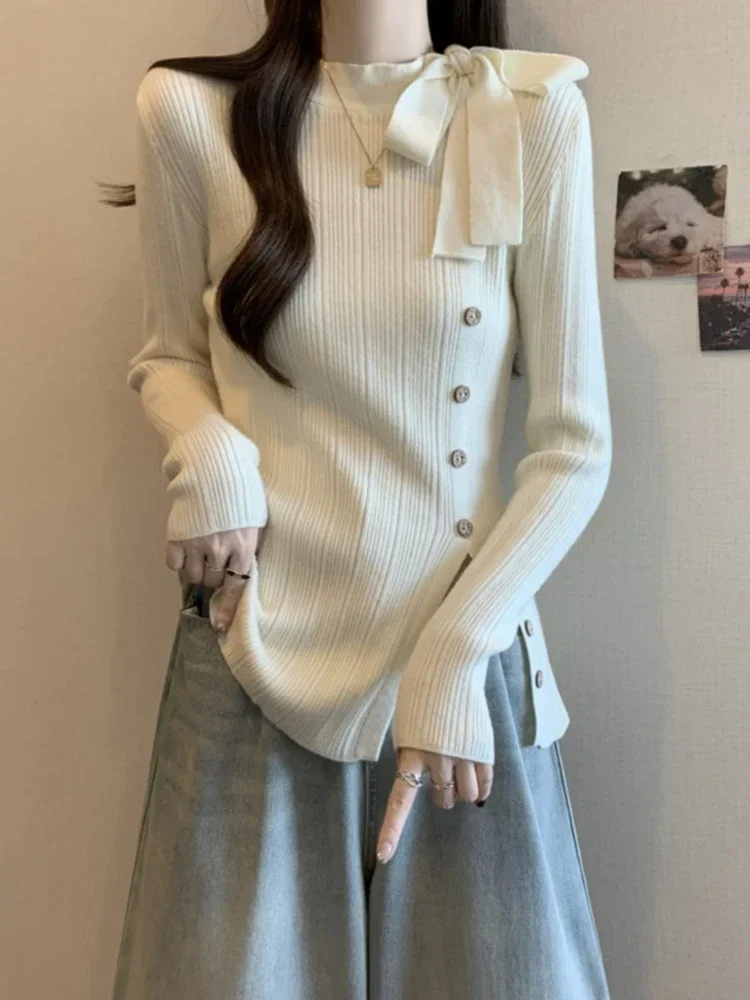

Fashion Elegant Thin Pullovers Solid Color Bow Forked Long Sleeve Design Female Slim Knit Tops Spring Autumn 2024 Women Clothing