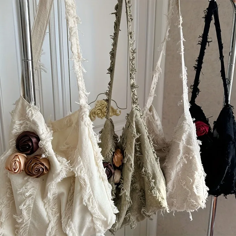 1 Uds. Bolso cruzado de Jacquard de lino, bolso de hombro con flecos Retro con diseño de flor rosa, bolso de un solo hombro Vintage elegante