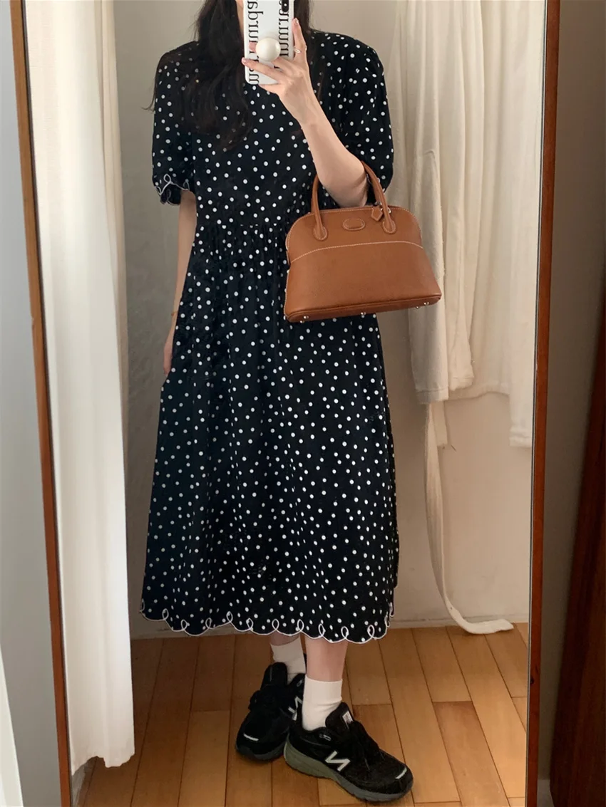 

Alien Kitty Stylish Vintage Maxi Dress Women Polka Dots Summer Short Sleeve 2023 OL Chic Slim Mujer New Office Lady Vestidos