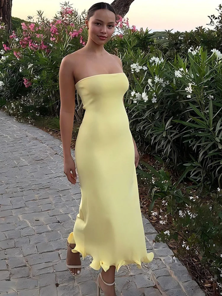 

Sexy Sleeveless Backless Curled Hem Dresses Women Fashion Strapless Ruffle Slim Maxi Dress 2024 Solid Ladies Street Party Robes