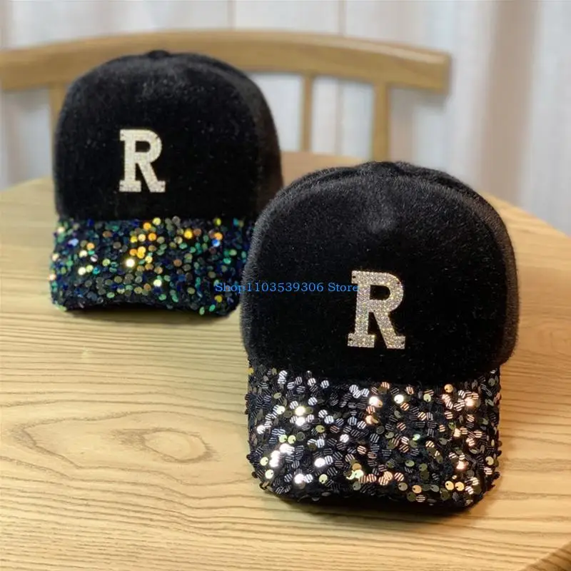 

400A Fashion Rhinestones Baseball Cap Letter R Peaked Cap Wild Gift for Xmas New Y