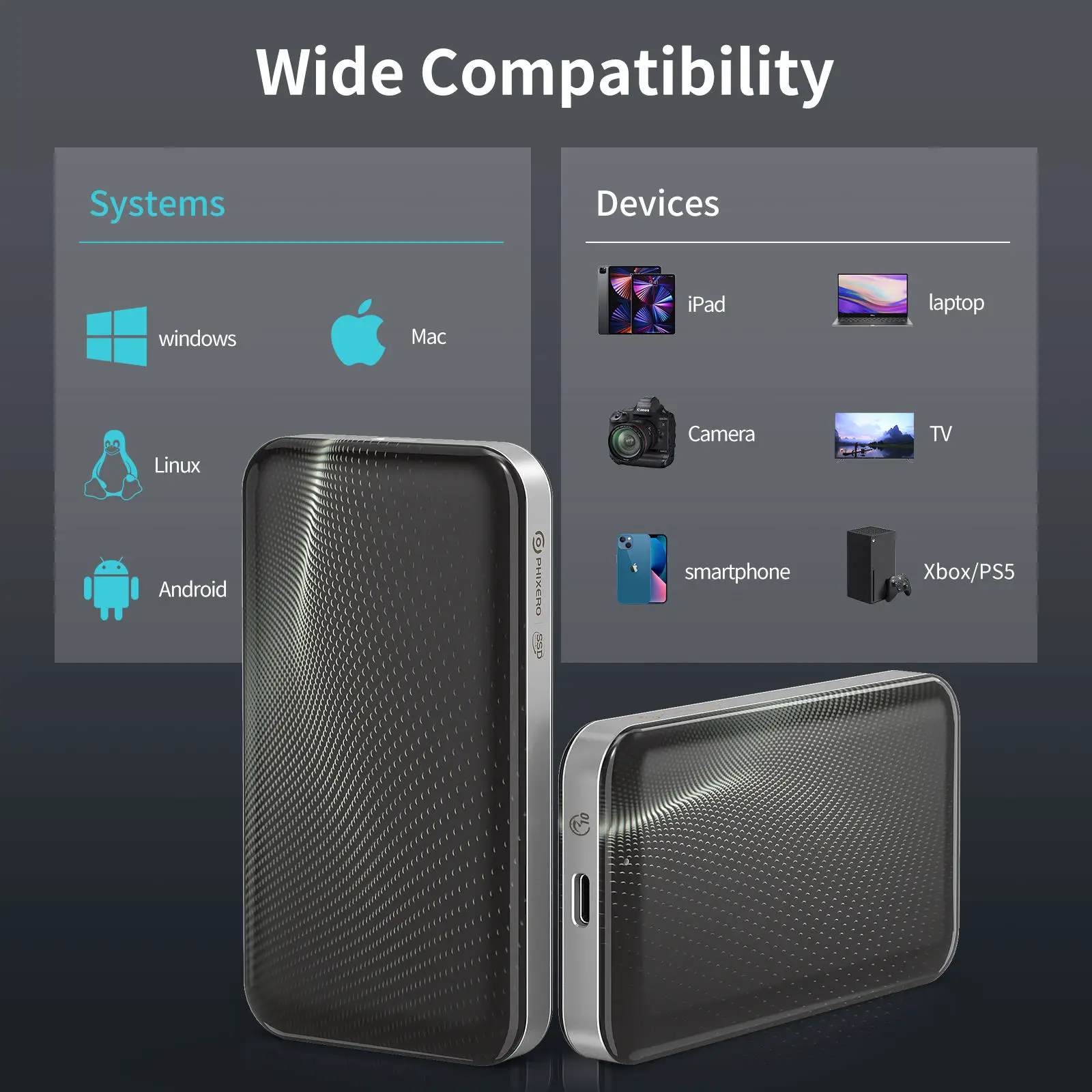 PHIXERO 40Gbps Portable SSD Compatible with Thunderbolt 3 4 USB3.2 USB 3.1 3.0 Type-C USB4.0 Solid State Drive Case view 3