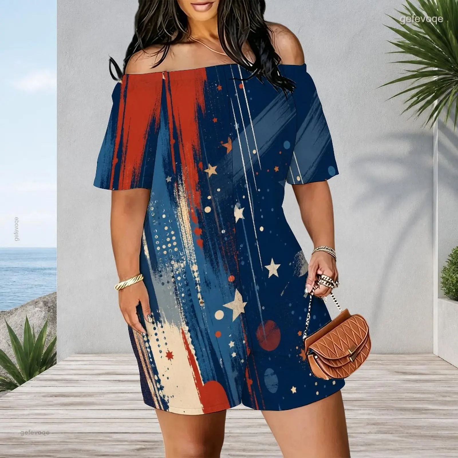 Off Shoulder Short Sleeve Loose Fit Side Pockets Printed Romper for Women