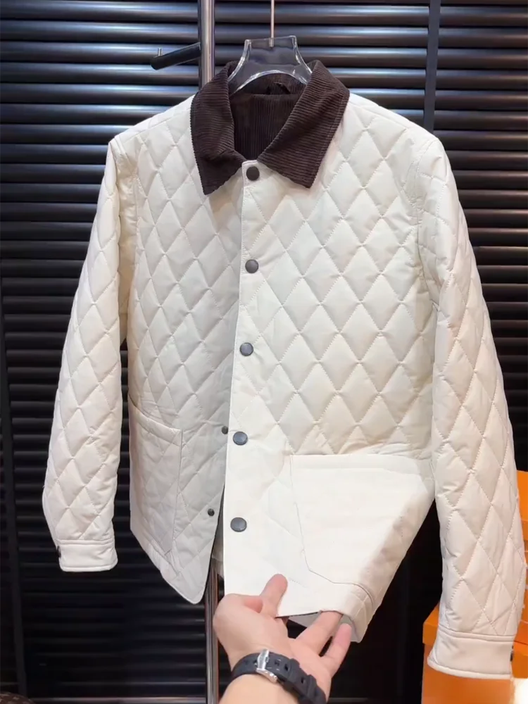 

Мужская осенне-зимняя куртка премиум-класса в европейском стиле, легкая, роскошная, с ромбовидным узором, из хлопка, с отложным воротником, повседневная, универсальная