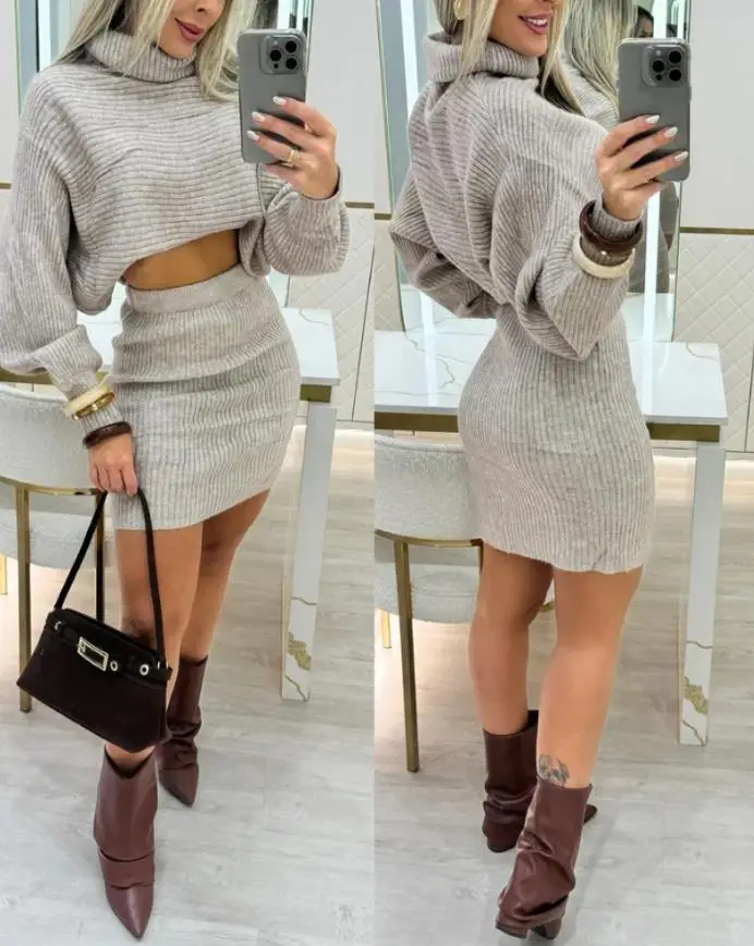 

Sexy 2 Piece Sets Womens Outfits 2025 Luxury Winter High Neck Batwing Sleeve Sweater Pullover Top and Casual Slim Fit Skirt Set