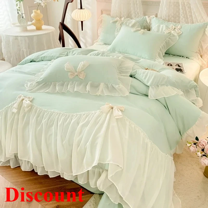 

New 4pcs White Bedding set ruffles Duvet Cover Set (1*Duvet Cover + 2*Pillowcase, 1*sheet/fitted sheet)for bedroom guest room