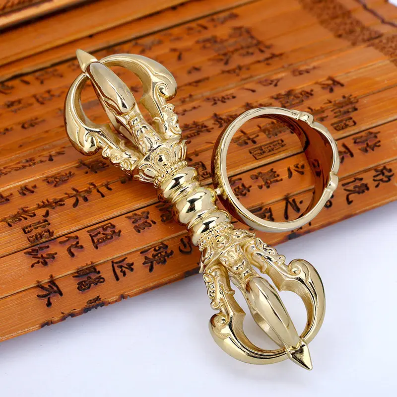 Brass Five Prong Vajra Ring Buddhist Dorje Jewelry Accessory for Collectors and Gift Giving, Decorative Charm for Personal Wear
