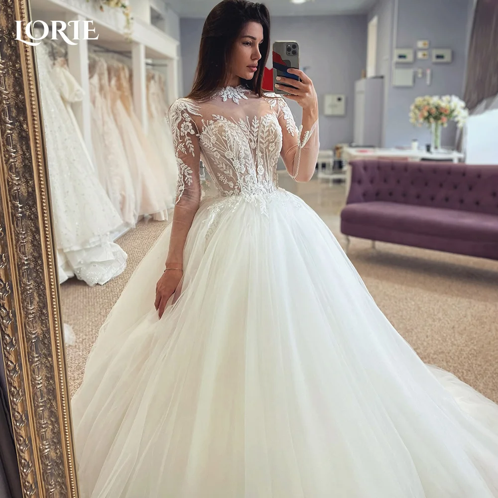 

LORIE Vintage Lace Wedding Dress A-Line High Collar Sweetheart Princess Bridal Gown Princess Button Ball Bride Gown Customized