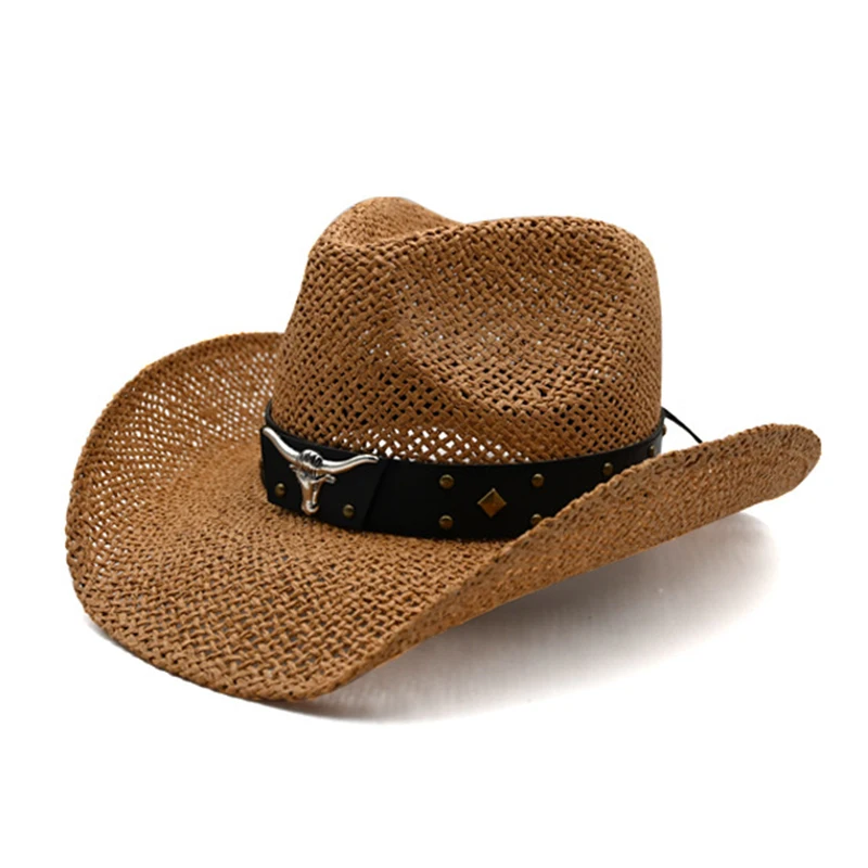 Retro Cow Head Leather Women Men Breathable Hard Straw Riding Wide Brim Outdoor Beach Cowboy Cowgirl Western Sun Hat Sunscreen