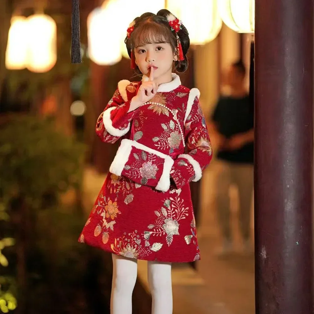 Capodanno Qipao Bambini Ragazza Cinese Tradizionale Tang-Suit Bambini Capodanno Vestiti di Spessore Hanfu Cheongsam Abito a Maniche Lunghe