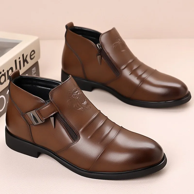 Winter Men's Luxury Chelsea Boots Business Leisure Men Low-top Leather Shoes British Style Pointed -toe Non Slip Zip Ankle Boots