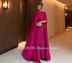 GIOIO Fuchsia Evening Dresses Long Cape Sleeves  Formal Customized Ruched Satin Vintage Buttons Elegant Prom Gowns Party Women