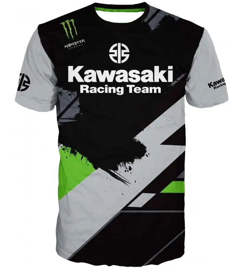 

Лето 2025 г., мужская футболка с круглым вырезом и коротким рукавом, Kawasaki, мотоциклетная, с 3D принтом, повседневный дышащий, быстросохнущий, удобный топ