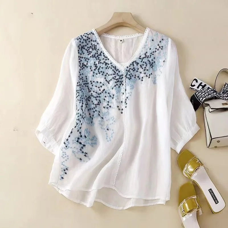 2024 Summer New Style Solid Color V-neck Women's Embroidered Lace Elegant Versatile Half Sleeve Loose Cotton Hemp Shirt Tops