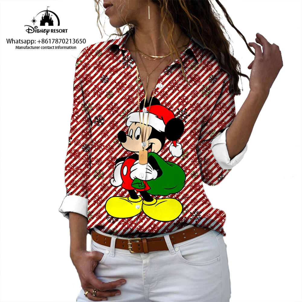 Camiseta de manga larga con estampado de dibujos animados para mujer, camisa informal con solapa y estampado de Mickey y Minnie, estilo Harajuku, novedad de Navidad