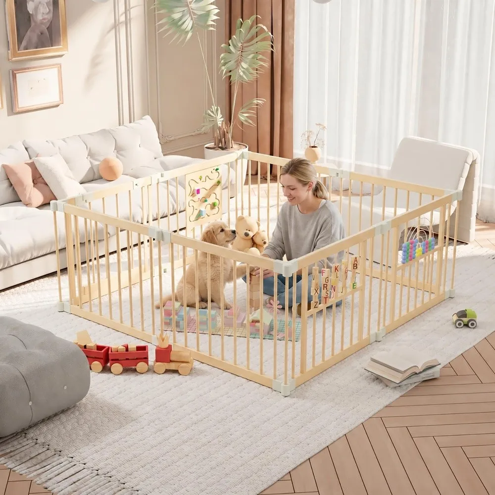 Dog Playpen Foldable Wooden Dog Playpen Large Play Yard with Door for Dogs Portable Collapsible Activity Center with