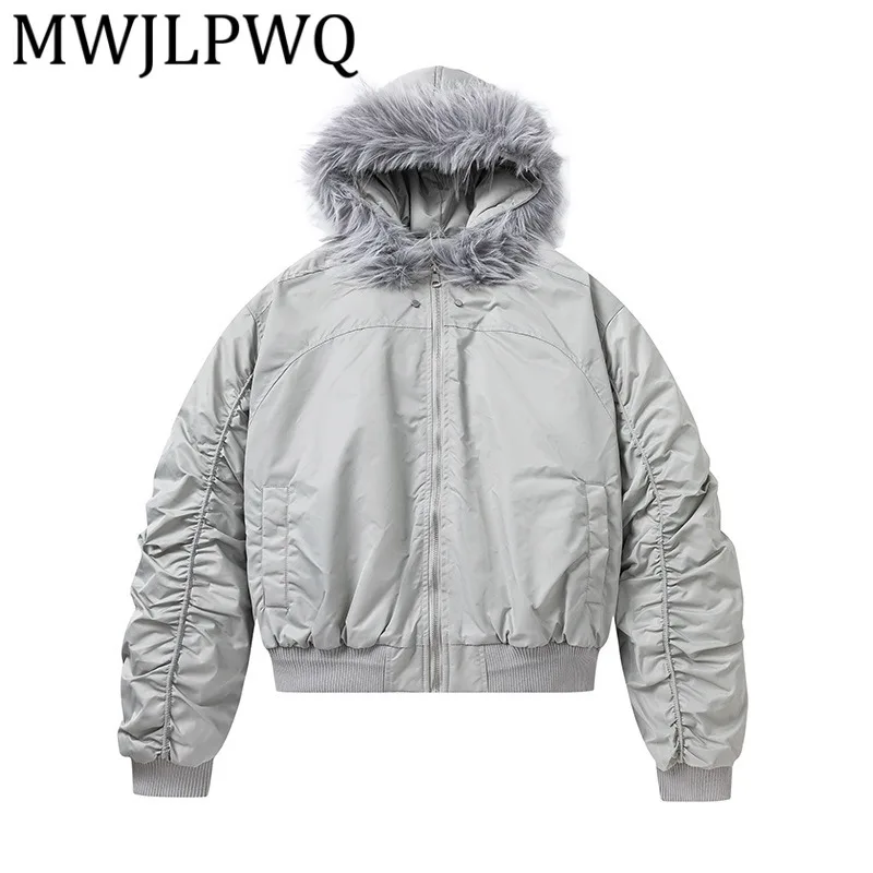 

MWJLPWQ куртка с меховым воротником и капюшоном, зимняя мужская мода, тяжелое мастерство, дизайн морщин, нишевые свободные хлопковые топы 21793