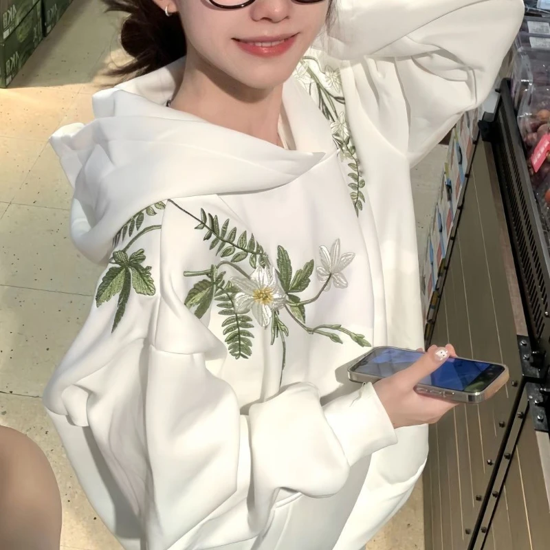

American Style New Sweet Pullover Jacket Loose Top Cotton Floral Embroidery Hooded Sweatshirt for Autumn and Winter Thick