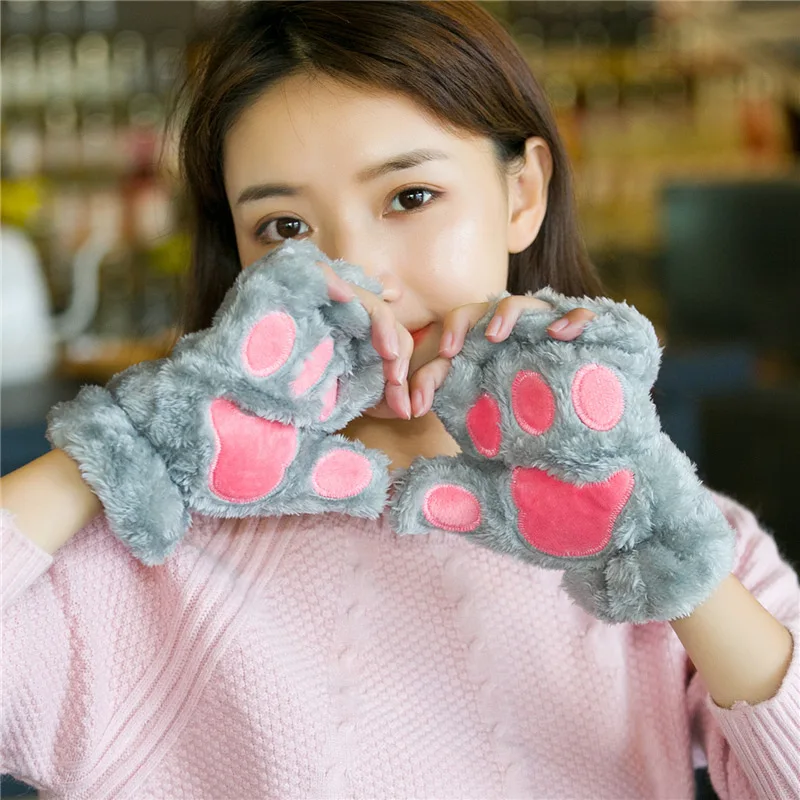 Cute Cartoon Cat Claw Gloves for Women Girls Thickened Plush Lovely Style Bear Paw Exposed Fingers Half Finger Winter Gloves