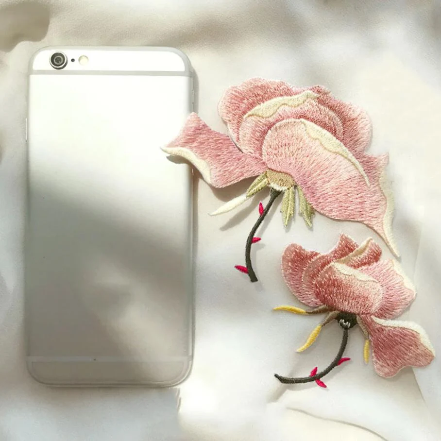 1Pair Pink Yulan Magnolia Embroidery Flower Patch Fabric DIY Cloth Jeans Accessories Sewing Repair