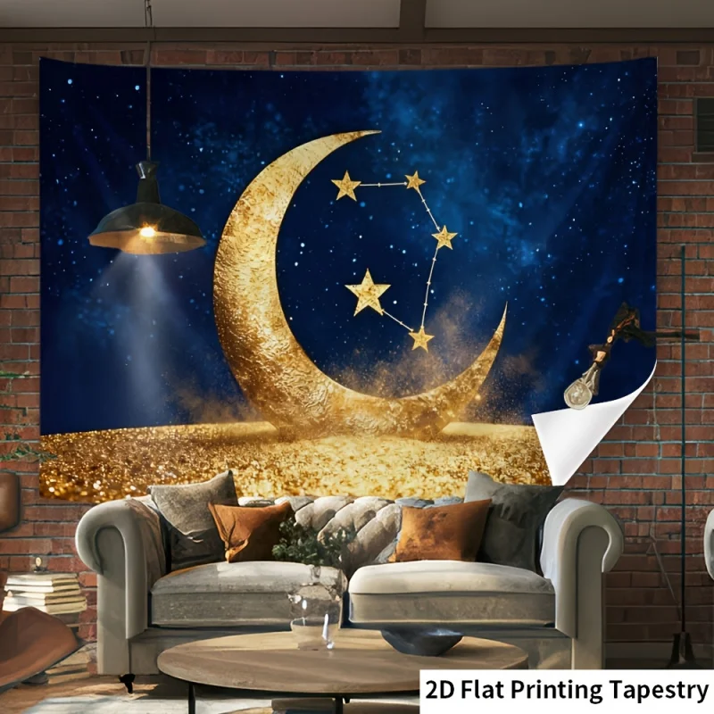 VIKAMA Ramadan Tapestry with Golden Moon and Starry Sky for Muslim Home Decorations and Eid Festival Celebrations Decoration
