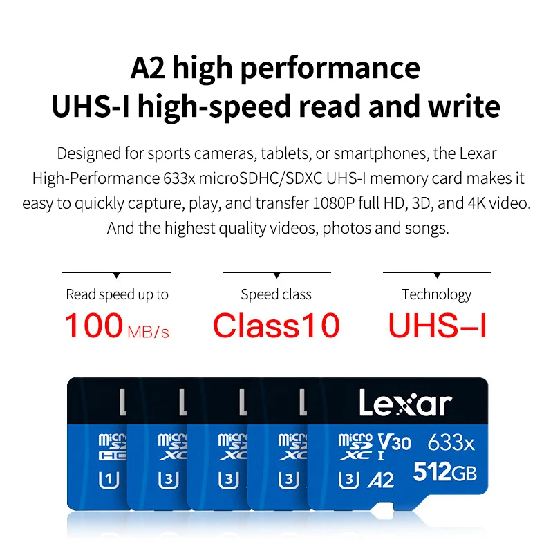 Lexar 633X carte mémoire microSDHC 32GB carte Micro SD microSDXC 64GB 128GB 256GB 512GB vitesse de lecture jusqu'à 100 mo/s A1 U3 V30 cartes TF