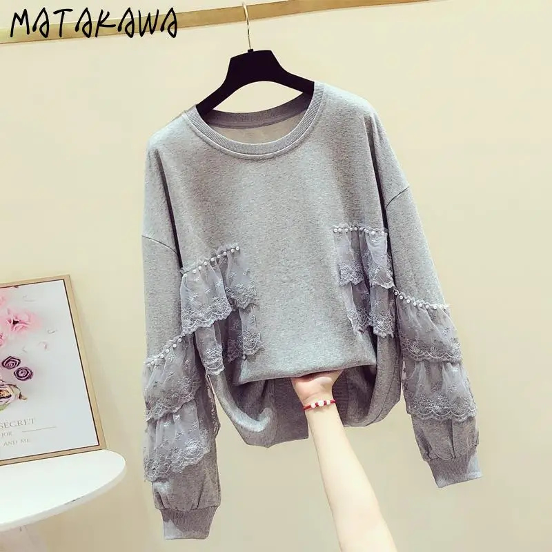 Matakawa Grey Hoodies Women Tops Beading Lace Ruffles Solid Retro Sweatshirt Autumn Winter Korean Fashion Loose Sudaderas Mujer