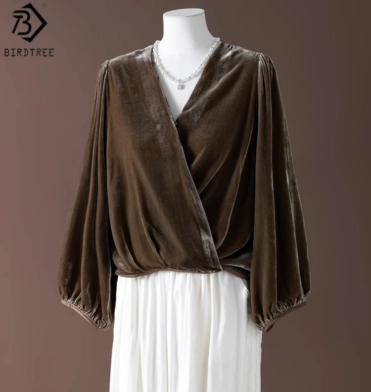 

Birdtree 100% Mulberr y Silk Velvet Blouse,Women V-neck Lantern Sleeve Hidden Button Strap French Style Shirt Tops T59449JF