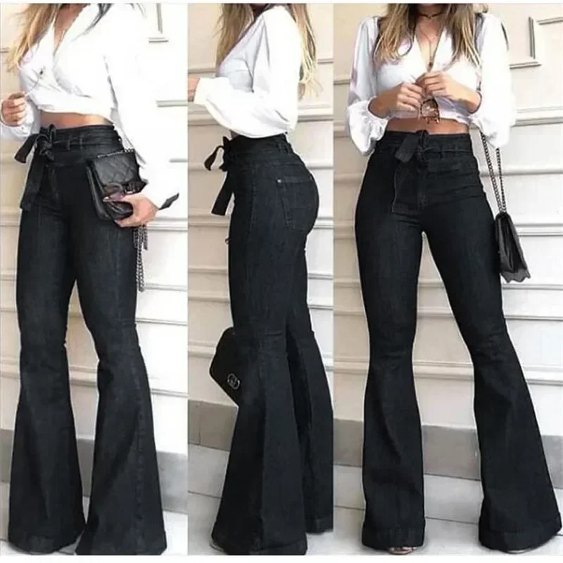 Denim Flared Pants for women High Waist lace-up Jeans casual Trousers Female spring and autumn clothing S-2XL