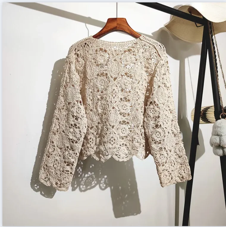 2024 spring and summer O neck long sleeve solid casual Hollow Cardigan Female Korean Lace Small Shawl Cotton Cardigan female