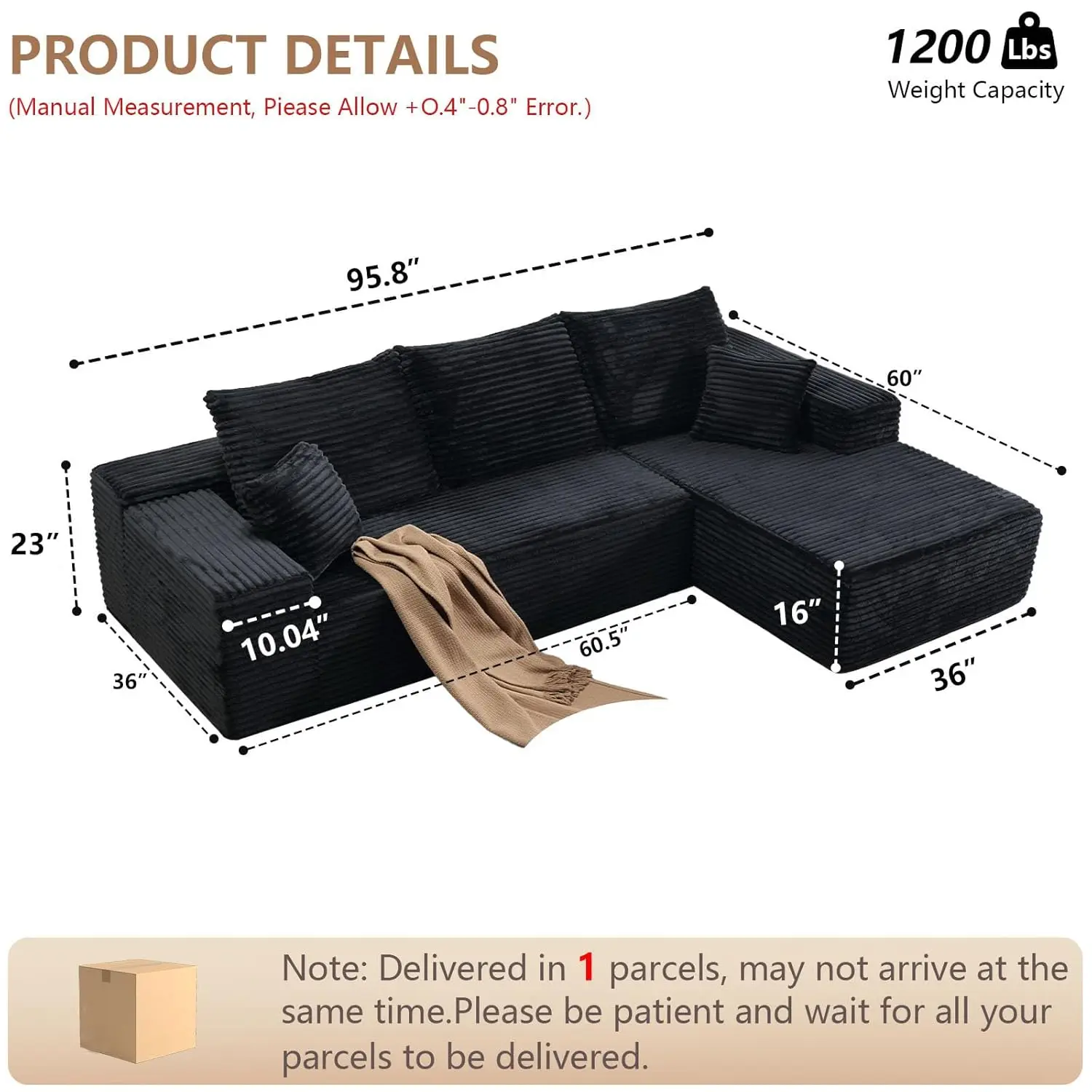 L-Shape Sectional Sofa with Chaise Modular Cloud Upholstered Modern Living Room Furniture 3 Seater Right Facing 96