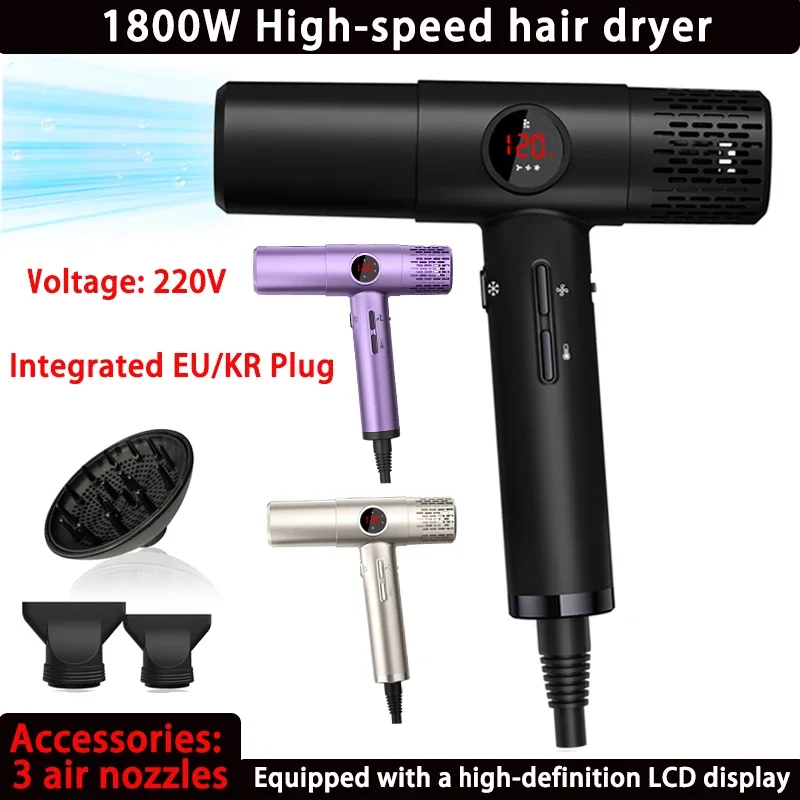 

Professional 1800W Hair Dryer Featuring Brushless Motor, Negative Ion Fast Drying and LCD Display for Salon & Home Applications