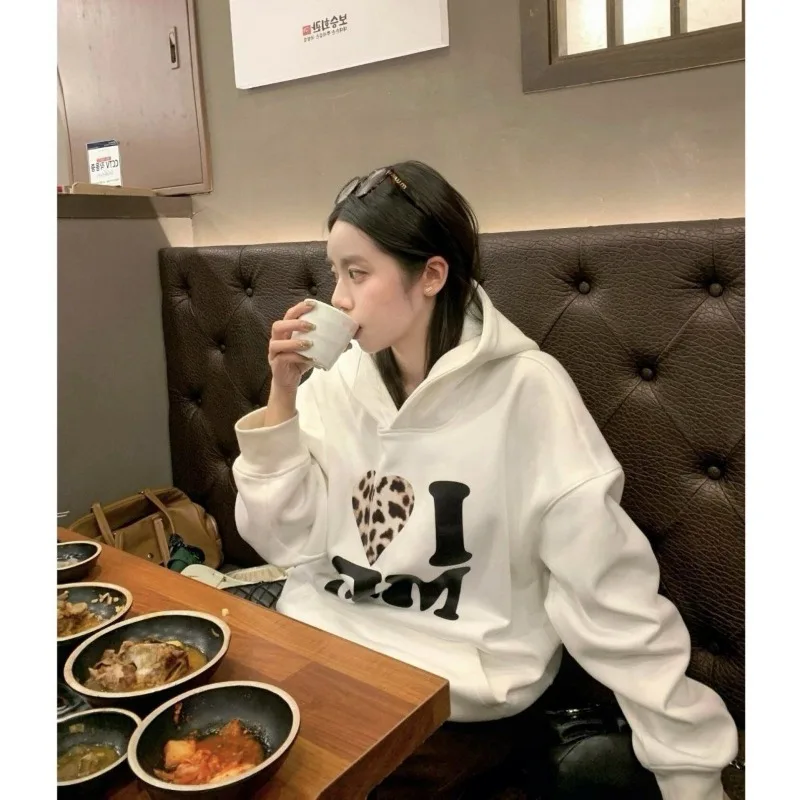 Amerikaanse herfst winter retro plus fluwelen verdikking nieuwe losse jas liefde gedrukte letter hooded sweatshirt top