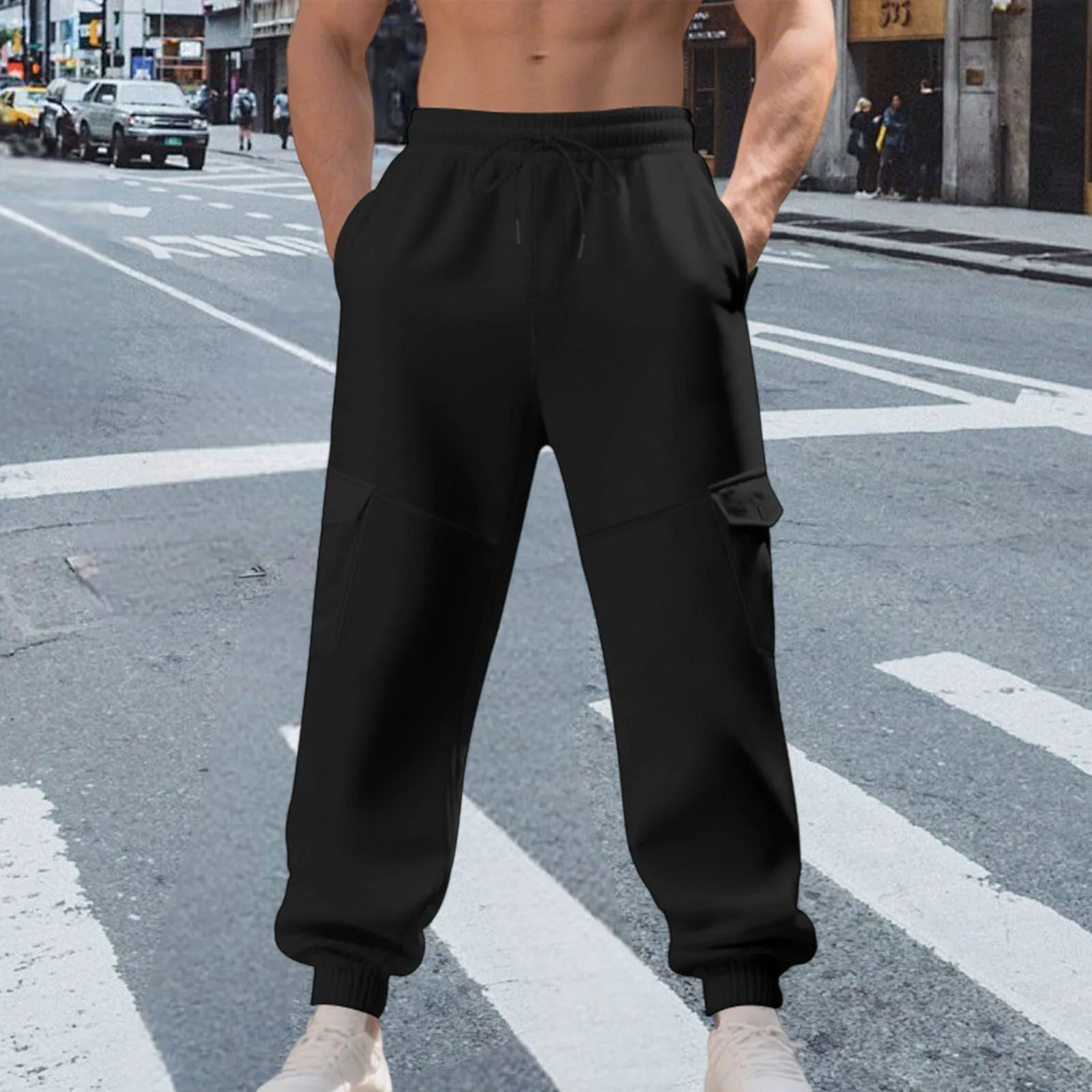 

Men’s Winter Sweatpants Elastic Waist Drawstring Solid Loose Jogger Pants Fleece Cargo Pants with Pockets
