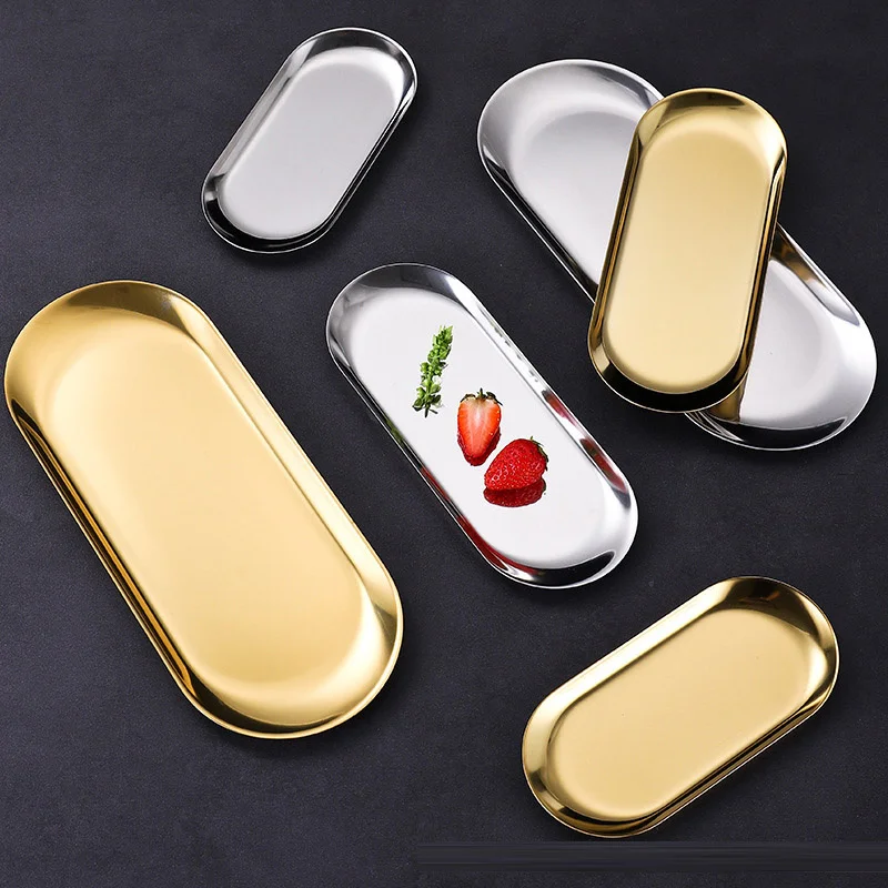 Stainless Steel Jewelry Storage Tray Metal Cosmetic Storage Oval Cake Fruit Dessert Tray Snack Plate Kitchen Organizer Nut Tray