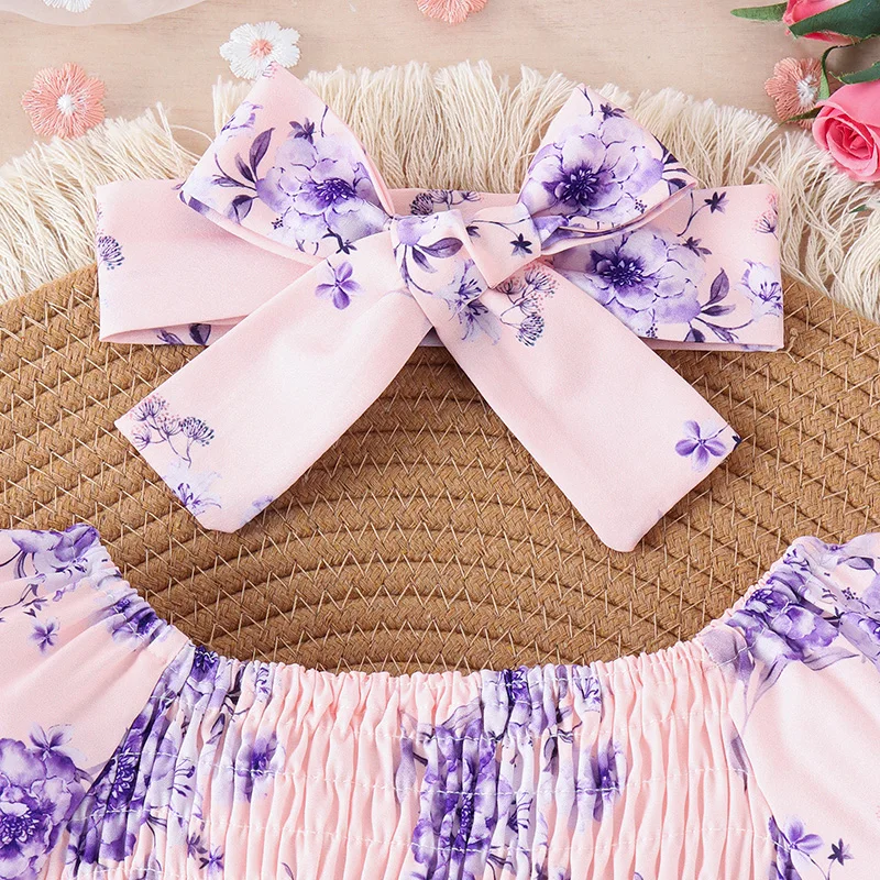 Baby Girl 2 Piece Outfits Floral Short Sleeve Romper Dress with Cute Headband Set Summer Clothes