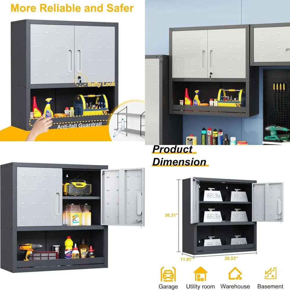 

Серый металлический настенный шкаф для хранения с замком, открытой полкой и регулируемыми полками для гаража, кухни или ванной комнаты (30W x 12D x