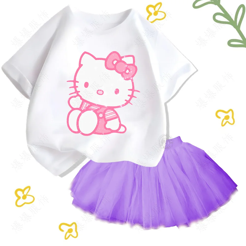 Nowa bawełniana koszulka dziecięca z nadrukiem Sanrio hello kitty Casual Comfort topy z tiulowym krótkim garniturem dla dziewczynek Kawaii Show