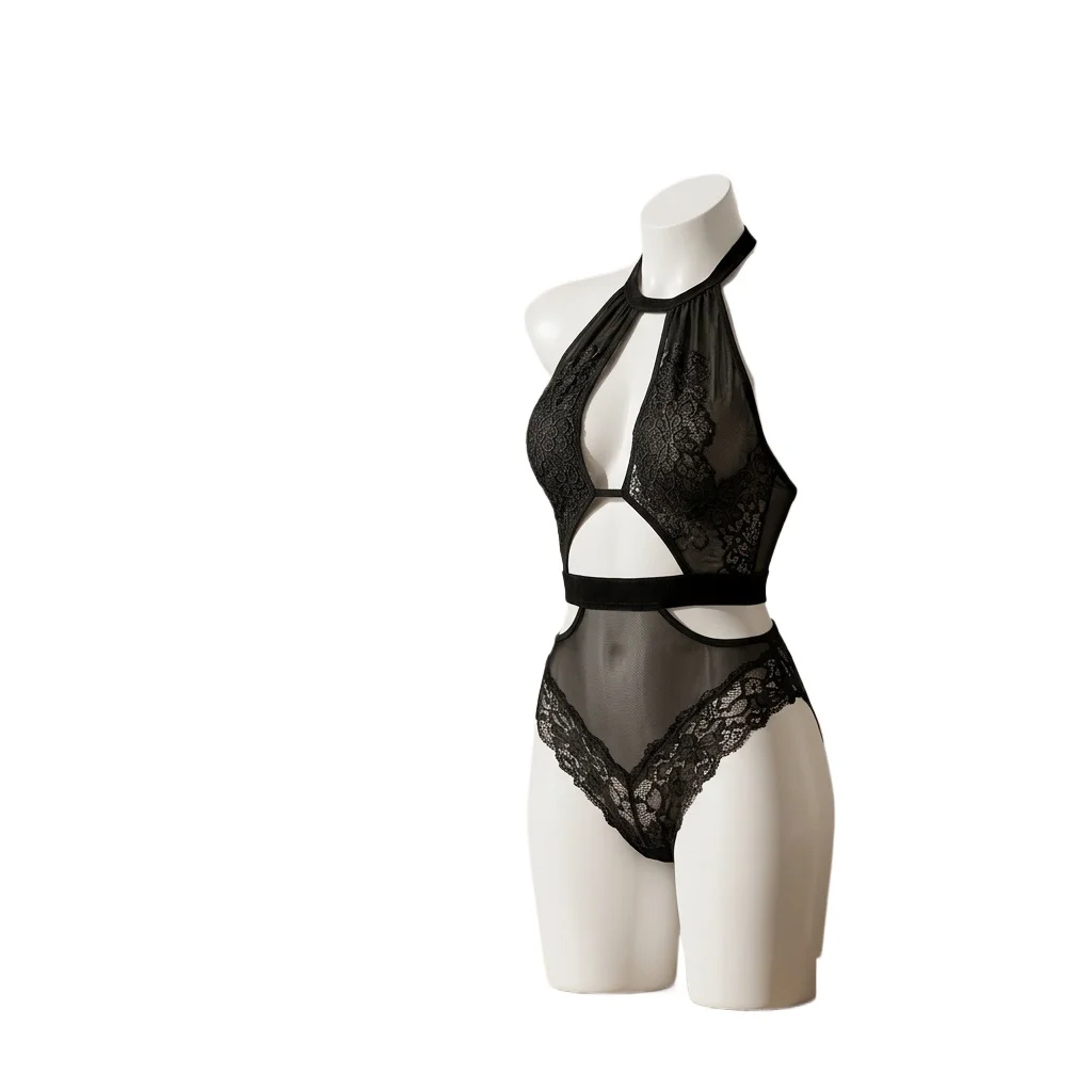 Women's Black Floral Lace Lingerie Set with Garter Belt Strappy Bandage Underwired Bra and Panty Set for Romantic Wear