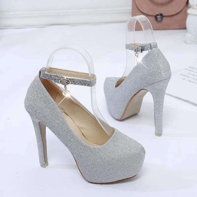 

New Style Waterproof Platform High Heels Thin Heel Silver Large Size Ultra High Heel Single Shoes for Women Show 2026